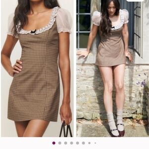 Reformation x Kasey Musgraves Bunny Brown Plaid Mini Dress with Lace Detail